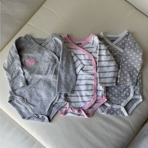 Baby Girl Kimono Side Snap Bodysuit Set – 3 Pc | Hearts, Stripes Size 9–12M